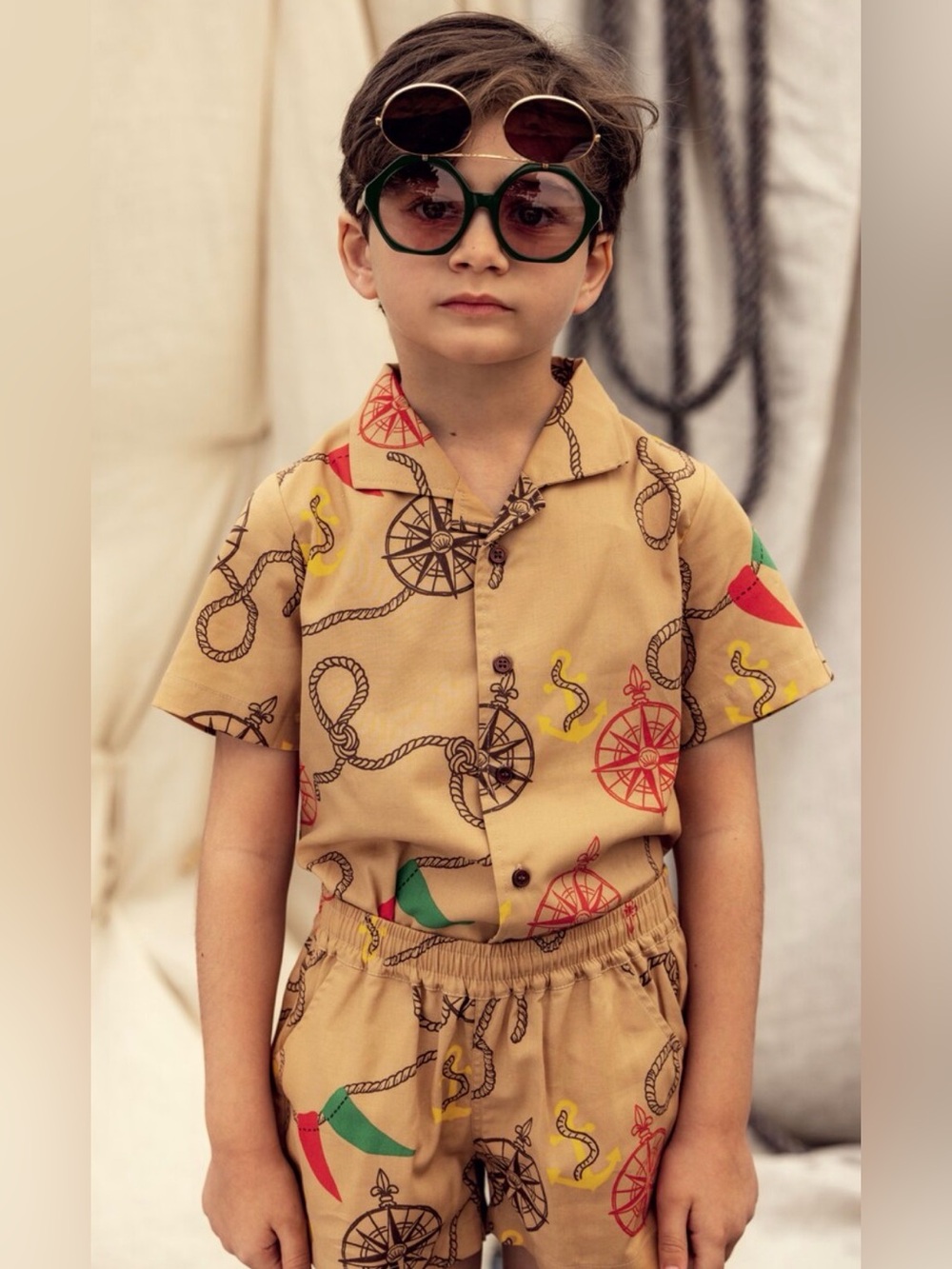 Mini RODINI  Nautical Print Short Sleeve Shirt and Shorts Size 7-9 years